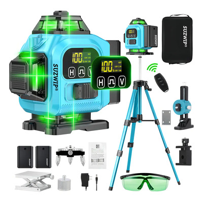 Nivel Láser Autonivelante SUZWIP Con 100CM Trípode 360° 16 Líneas 4D Con Lcd 2x3000mAH 1MM Precisión Del Láser Con Control Remoto Y Soporte De Pared Y Plato Giratorio De Metal Y Plataforma Elevadora | Envío gratis