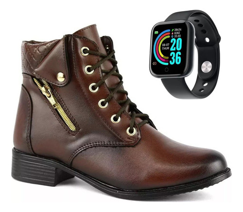 Kit Bota Coturno Feminina Casual + Relógio Bluetooth Celular