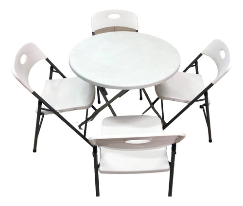 Mesa Dobrável Redonda Rígida 80cm Com 4 Cadeiras Dobráveis