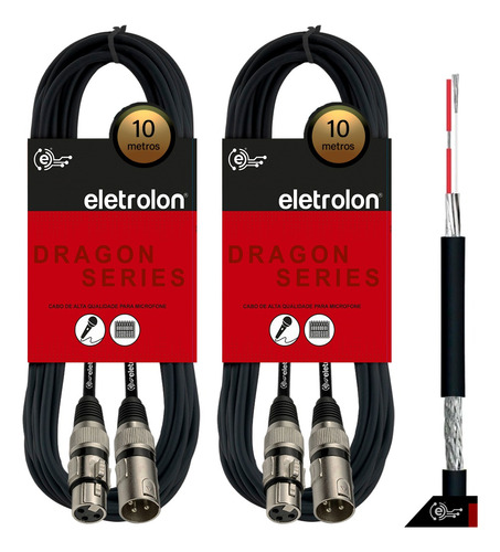 Kit 2 Cabo De Microfone Balanceado Xlr Macho Xlr Femea 10m