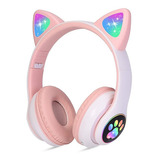 Diadema Audifonos Orejas De Gato Bluetooths 5.1 Led Ninos Color Rosa