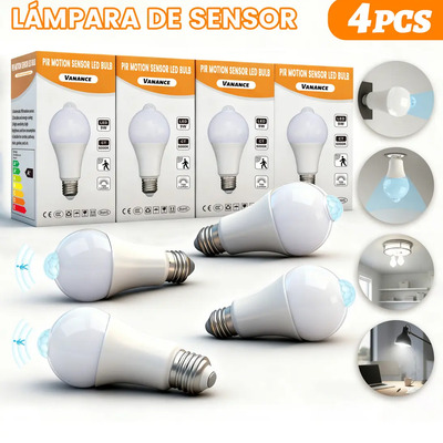 Vanance 4 Pcs Focos Con Sensor Movimiento 360° Bombilla Led 9W E26\u002FE27 Luz Blanca 6000k Foco Inteligente Portalámpara Con PIR Sensor Interruptor De Retardo De Luz | MercadoLibre