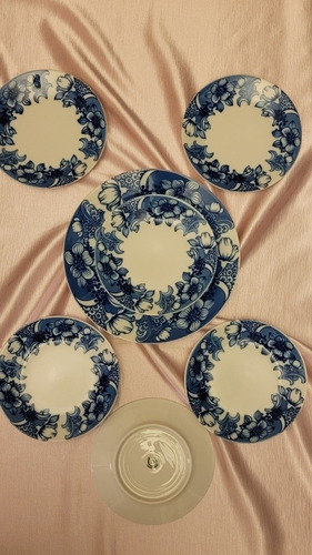 Antiguos Platos Floral 1 Gde 6 Postre Azul Y Blanco  Verbano