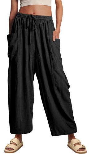Pantalones Anchos Con Cordón De Lino Y Algodón Para Mujer