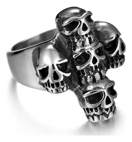 Anillo Cruz De Calaveras Para Hombre Línea Skull Joyería 