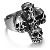 Anillo Cruz De Calaveras Para Hombre Línea Skull Joyería 