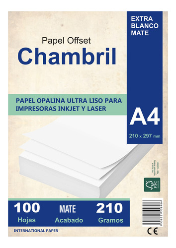 Papel Opalina A4 210 Gr Chambril Para Inkjet Y Laser 100 Hjs