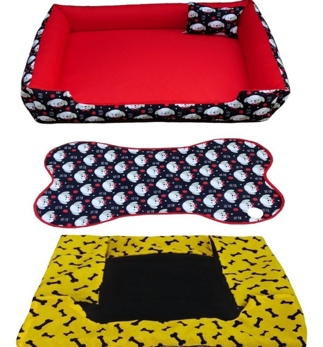 Cama Para Cachorro Grande Gg 95x95 Cm + Tapete E Capa Extra Cor Cama Vermelha E Capa Amarela