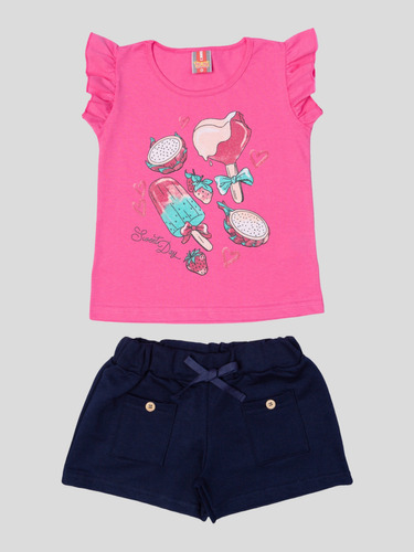 Conjunto Blusa Meia Malha E Shorts Moletom C/ Bolso Cadarço 