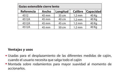 Guía Cajón X2 Extensible 40kg Cierre Suave 1.2mmx45mmx40cm 4