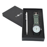 Reloj Hombre, Set Elegante De , Pluma Estuche Color De La Correa Verde