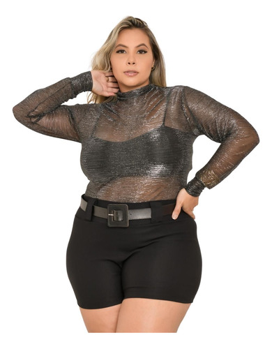 Blusa Tule Prateada Com Transparência Plus Size Da Drapa 