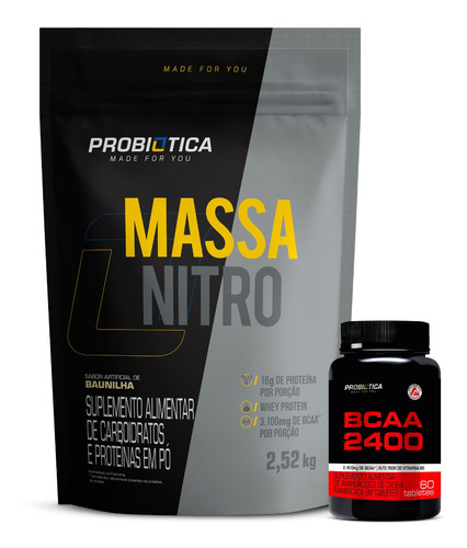 Kit Massa Nitro 2,5kg Refil + Bcaa 2400 60cps Probiotica