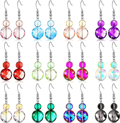 Paquete D 12 Pares Aretes Colgantes Cristal Colores Arcoíris