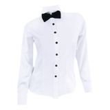 Camisa Smoking Blanca Botón Negro Puño Clásico Para Mujer