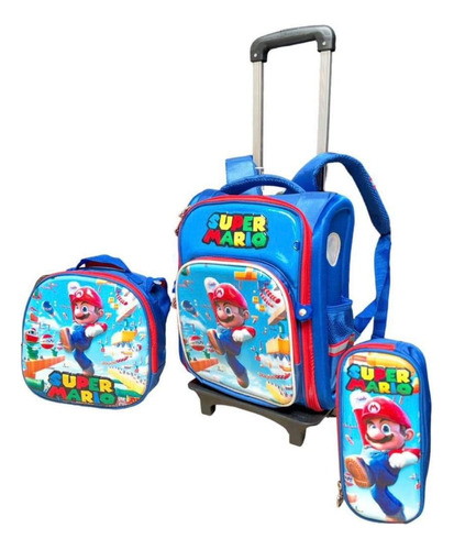 Mochila Con Ruedas Super Mario 3 Piezas Student Pack Series