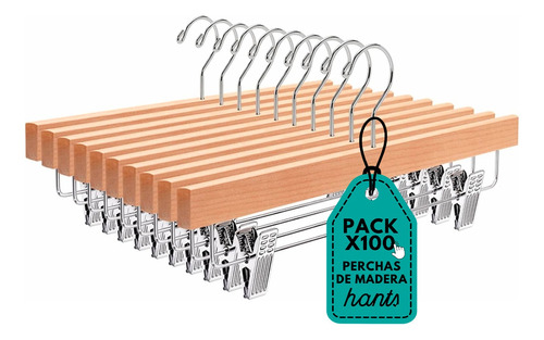 Pack X100 Perchas De Madera Planas Con Ganchos Broche 35cm  