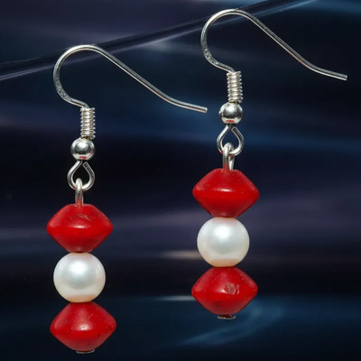 2 Aretes Coral Rojo 29 Mm Y Concha Blanca Rojo/gris