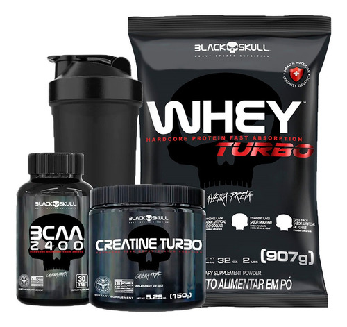 Combo Whey Protein Turbo + Bcaa + Creatina - Black Skull Sabor Toffe