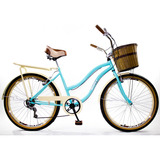 Bicicleta Aro 26 Retrô Vintage Feminina Cesta Vime Bagageir Cor Tiffany Tamanho Do Quadro L
