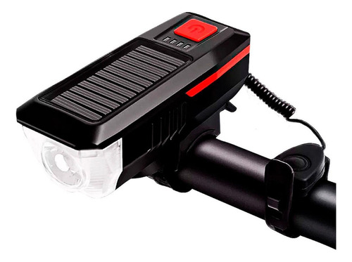 Farol Bicicleta Led T6 600 Lm - Solar/usb - Preto+vermelho