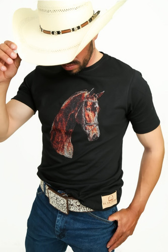 Playera Vaquera Manga Corta Caballo Bordado Para Caballero