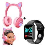 Smartwatch Feminino D20 Ultra + Fone Gatinho P/ Meninas Rosa Cor Da Pulseira Fone Rosa Relógio Preto