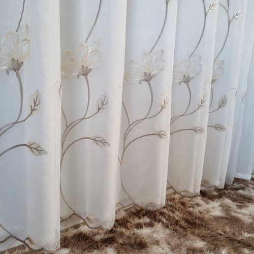 Cortina Luxo Barra Bordada Flores Folhas Com Forro 4,00x2,50