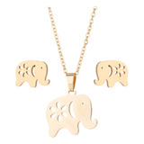 Set: Collar + Aretes Elefante Hoja Dama Acero Inoxidable