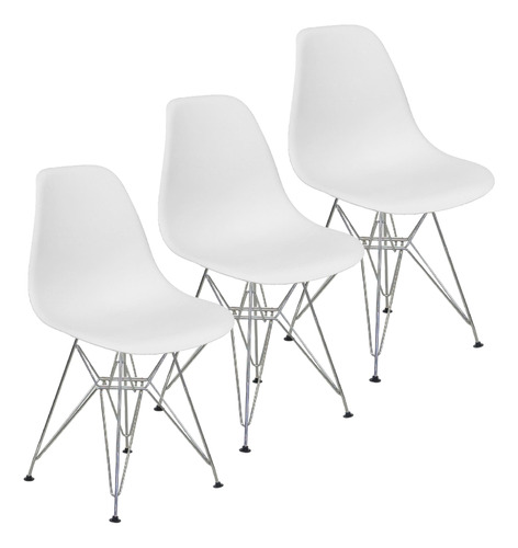 Kit 3 Cadeiras Charles Eames Eiffel Base Metal Cromado