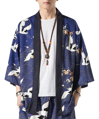 Chamarra Kimono Japonesa Cardigan Grúa Estampado Baggy Albo