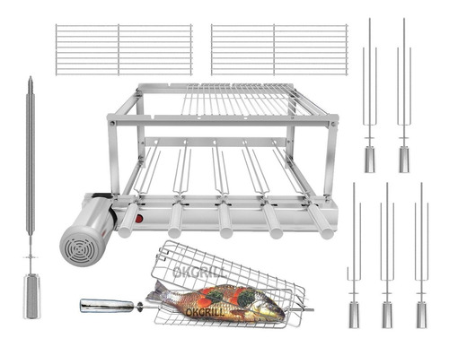 Gira Grill Churrasqueira Inox 5 Espetos + 3 Grelhas Completa