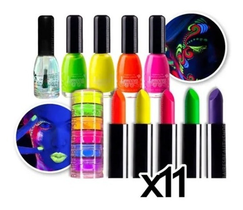 Kit Maquillaje Fluo Neon Artístico Pigmentos Labial Esmaltes