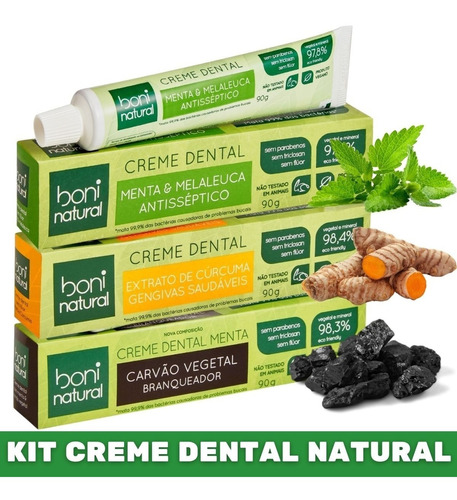 Kit 3 Creme Dental Boni Natural - Carvão, Cúrcuma, Melaleuca