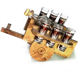 Set Licorera 750ml Y 6 Tequileros En Carreta De Madera