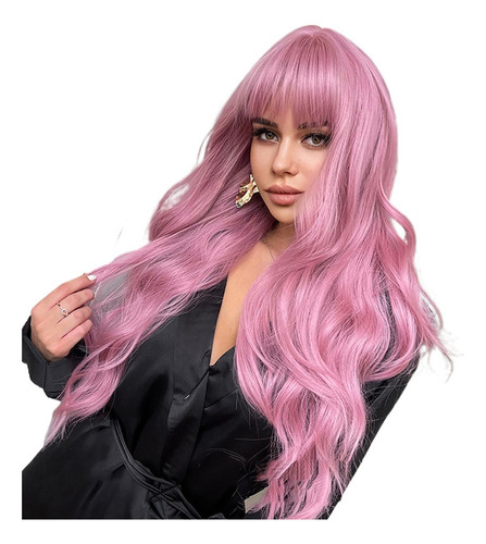 L Peluca Larga De Mujer Color Rosa Pelo Ola Natural 68cm