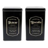 Kit 2 Latas De Açúcar E Biscoitos Retrô Quadrada Preto