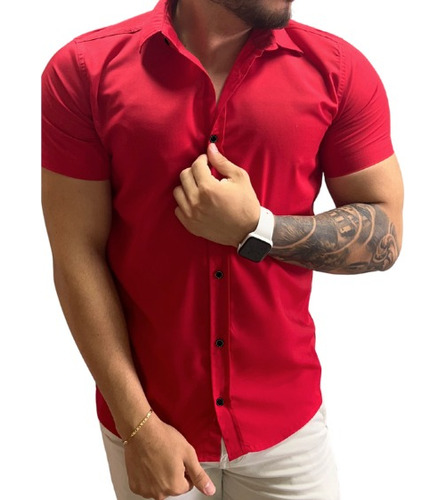 Camisa Social Masculina Slim Fit Manga Curta Não Amassa