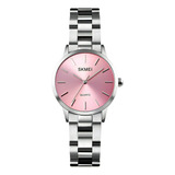 Reloj Mujer Skmei 1695 Acero Minimalista Elegante Clasico Color De La Malla Plateado/rosa