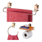 Kit Toalheiro Ventosa Duplo Argola Porta Papel Hig Rose Gold