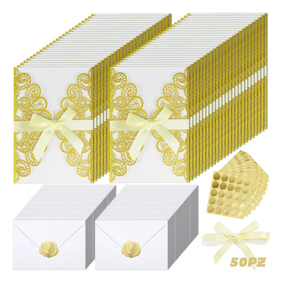 50pzs Invitaciones Sobre Corte Glitter + Mariposa Moño Lazo Color Dorado | Envío gratis