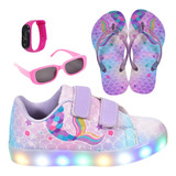 Tênis Infantil Led Feminino Sereia + Chinelo Óculos Relógio