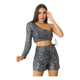 Conjunto Feminino Short E Cropped Paete Festa Luxo Brilho