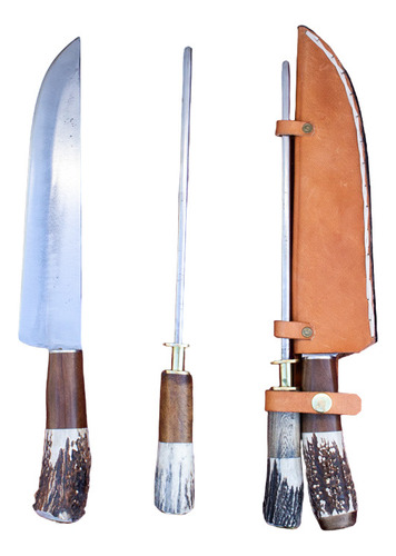 Set Cuchillo Y Chaira Artesanal 25cm De Hoja Con Asta Real