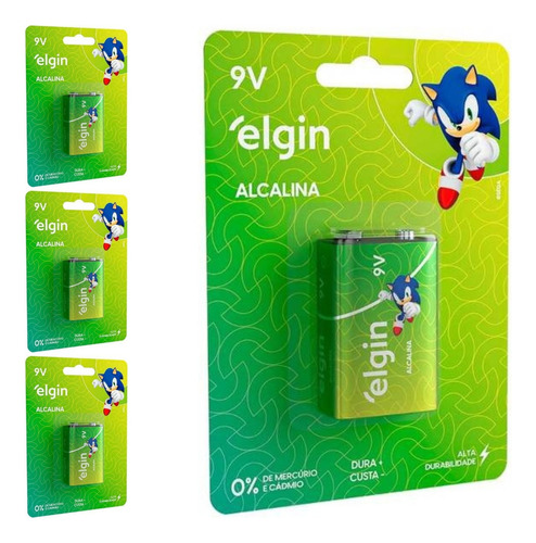 4 Baterias Alcalina 9v Quadrada Retangular Elgin 4 Cart