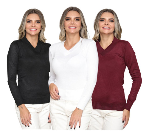 Kit 3 Blusa Feminina Tricô Decote V Suéter Manga Longa Lã