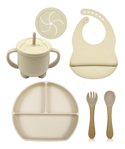 Set Alimentacion Bebe Silicona Completo Plato Triple Liso 