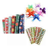 10 Papel De Regalo Navidad + 100 Sticker + 100 Rosa + Cinta