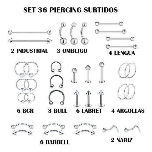 Combo 36 Piercing Aros Acero Quirurgico Por Mayor Bull Bcr