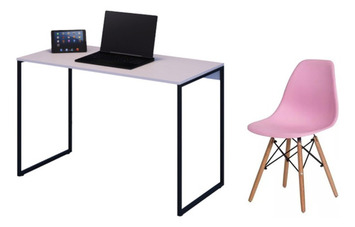 Mesa De Escritório Estilo Industrial E Cadeira Rosa Promoção